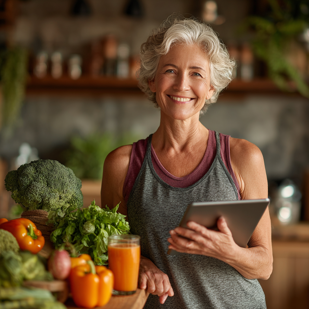 Жінка 54 років демонструє свої результати здорового харчування з усмішкою