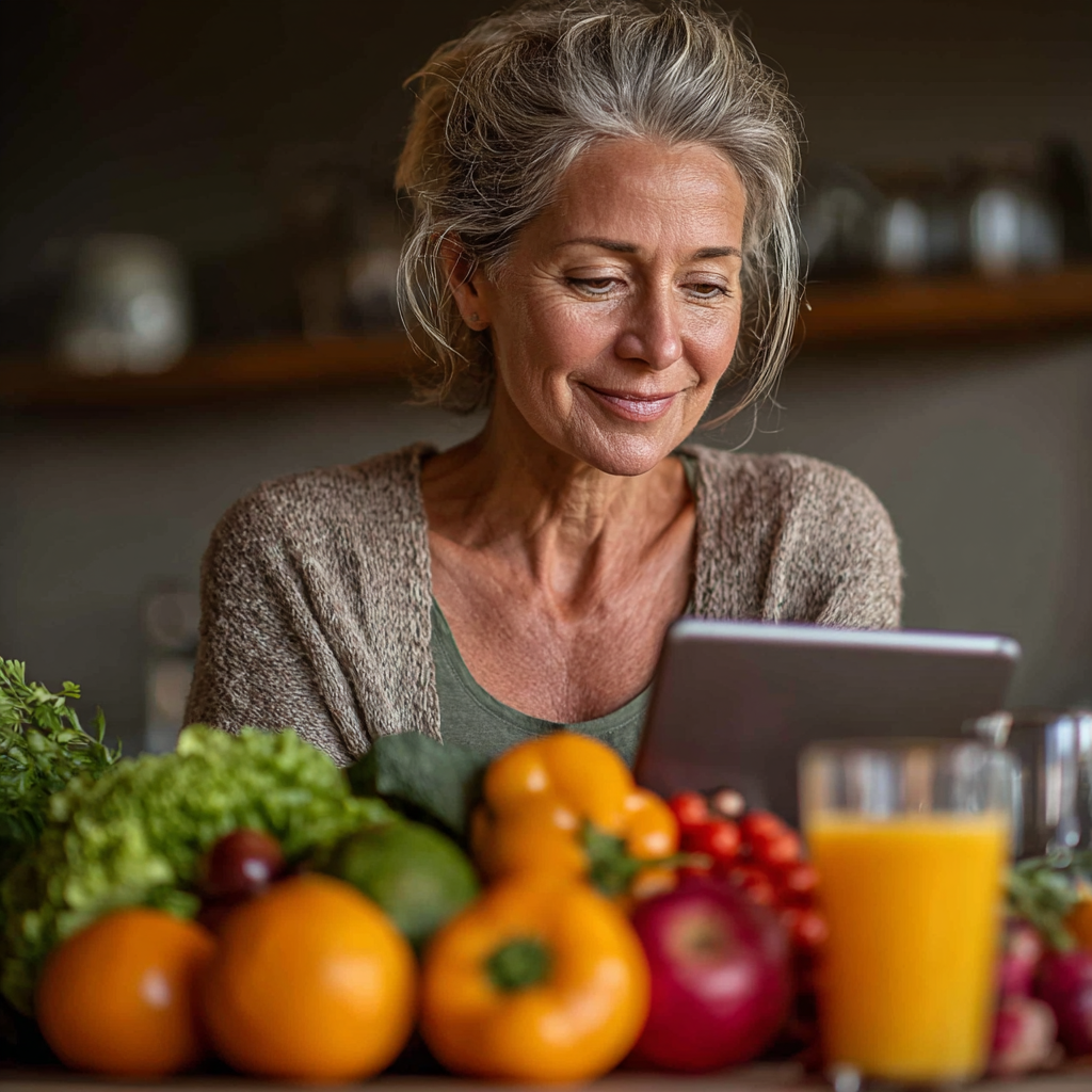 Жінка 55 років обирає свої цілі в харчуванні за допомогою планшета