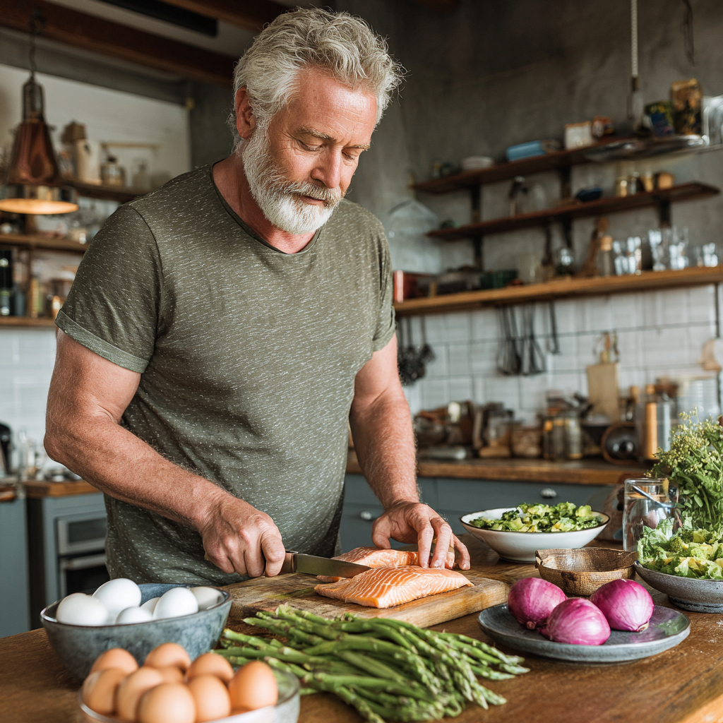 Чоловік 58 років готує здорову їжу за персональним планом харчування